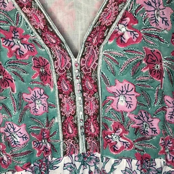 Bella tu XXL Pink and Green Tiered V-Neck Dress Resort Style with Bishop Sleeves - Picture 3 of 12